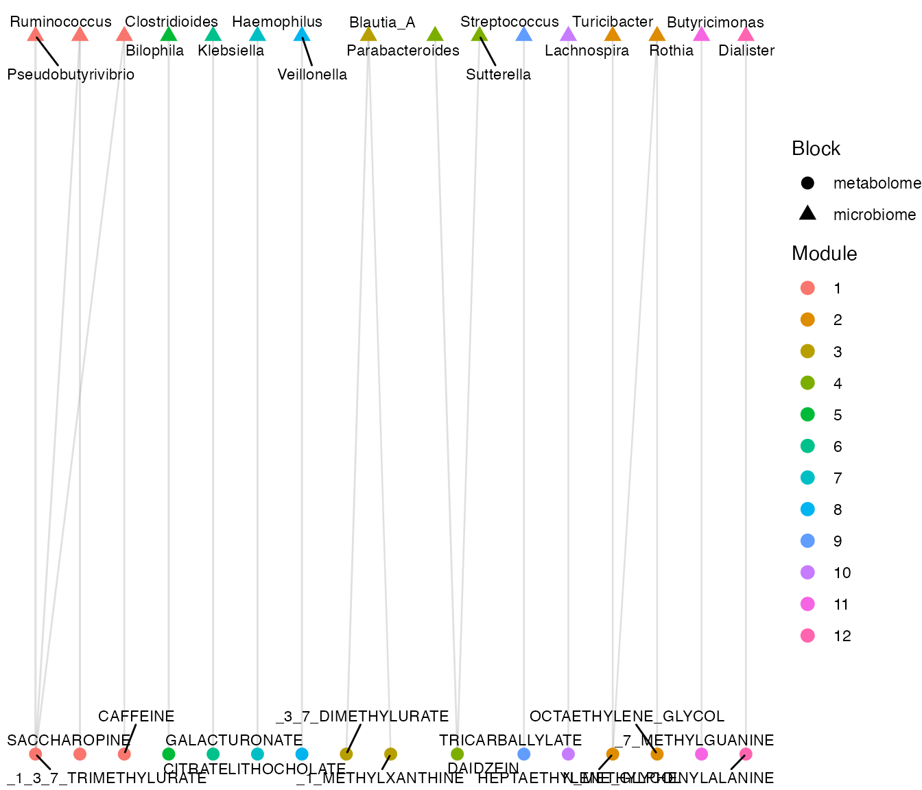 Correlation network with nodes colored by module membership and block type.